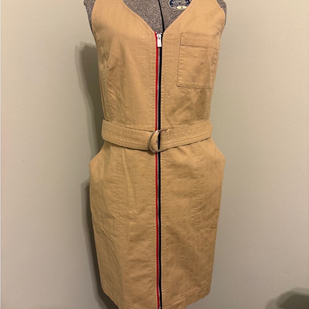 Tommy Hilfiger Tan Belted  Strapless Cotton Dress with Red & Blue Zipper